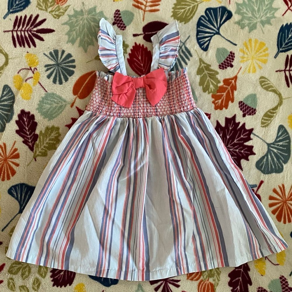 Penelope Mack dress 2T pink white blue cotton bow ruffle rouched summer